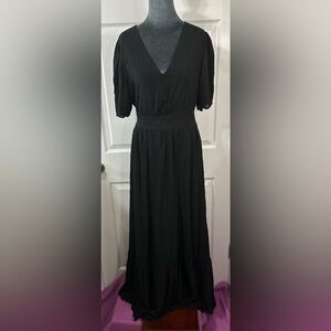 Boden Black Maxi Dress Eyelets scalloped hem. Half sleeve smocked waist